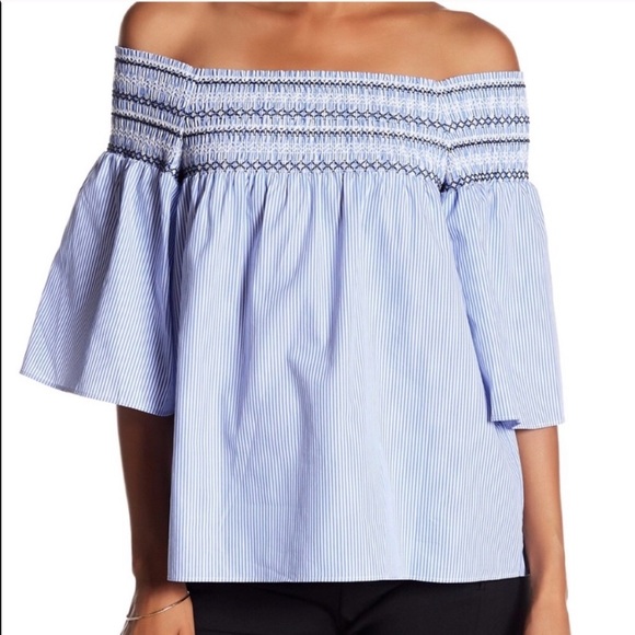 Parker Tops - PARKER Smocked Pinstripe Off The Shoulder Top—SZ S